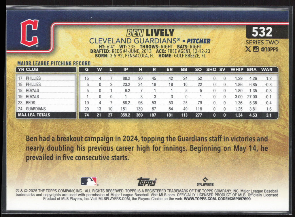2025 Topps #532 Ben Lively Golden Mirror Variation