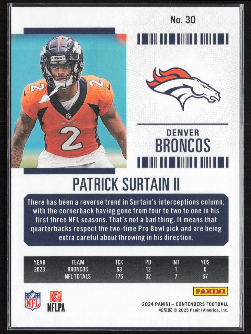 2024 Panini Contenders #30 Patrick Surtain II Season Ticket Retail