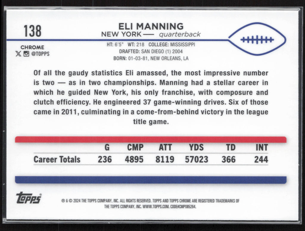 2024 Topps Chrome #138 Eli Manning