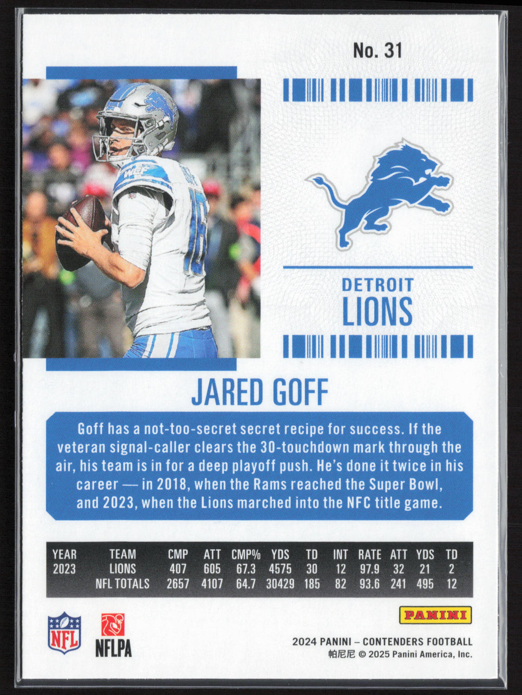 2024 Panini Contenders #31 Jared Goff Season Ticket Retail