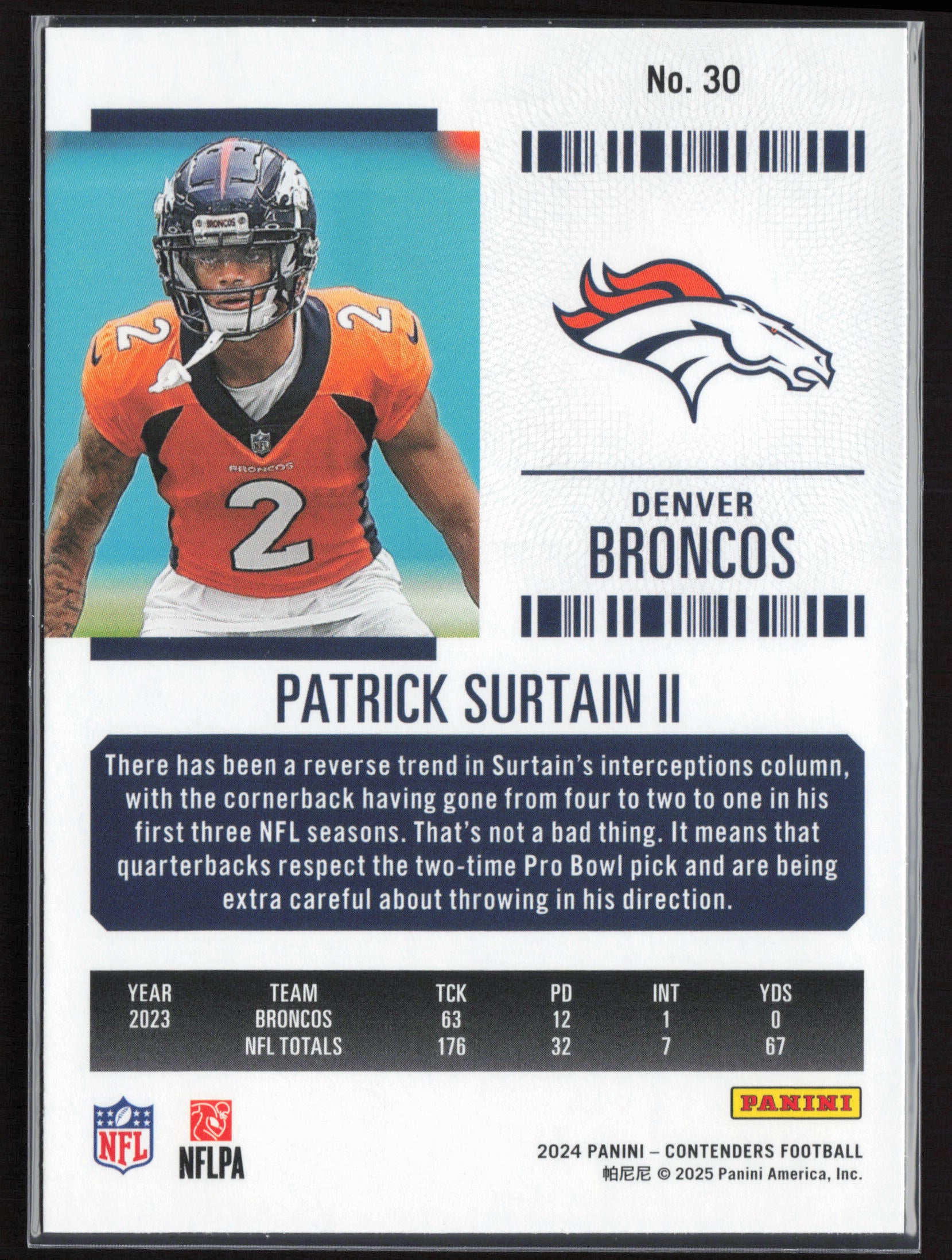 2024 Panini Contenders #30 Patrick Surtain II Season Ticket Retail