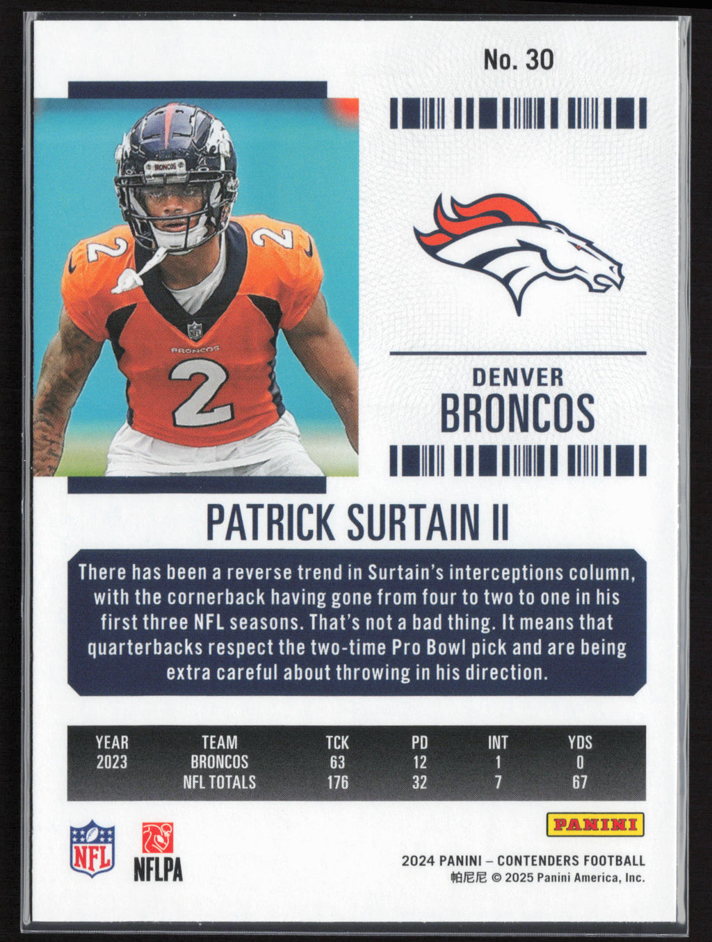 2024 Panini Contenders #30 Patrick Surtain II Season Ticket Retail