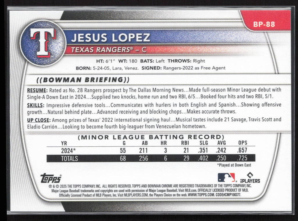 2025 Bowman #BP-88 Jesus Lopez Prospects