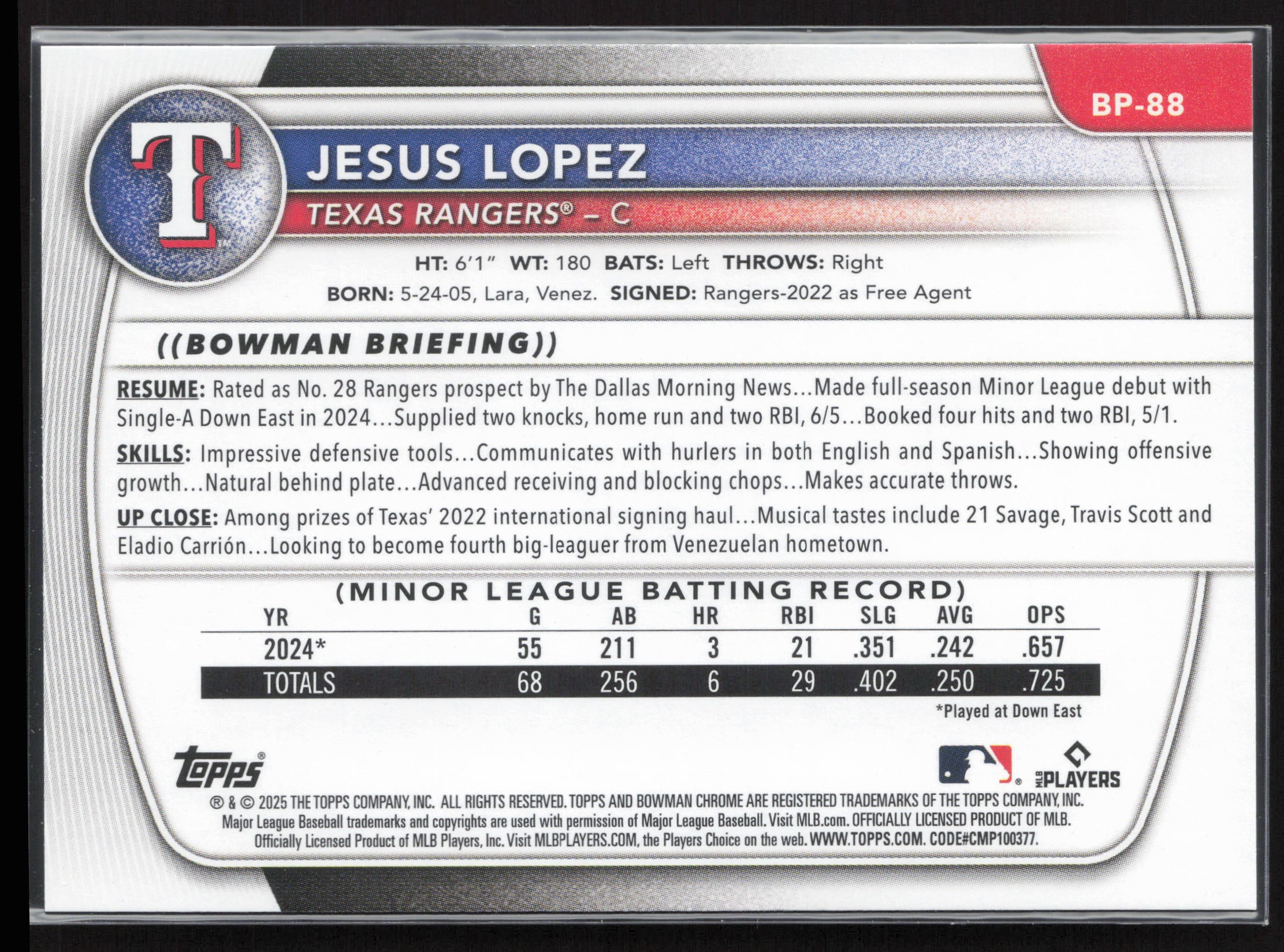 2025 Bowman #BP-88 Jesus Lopez Prospects
