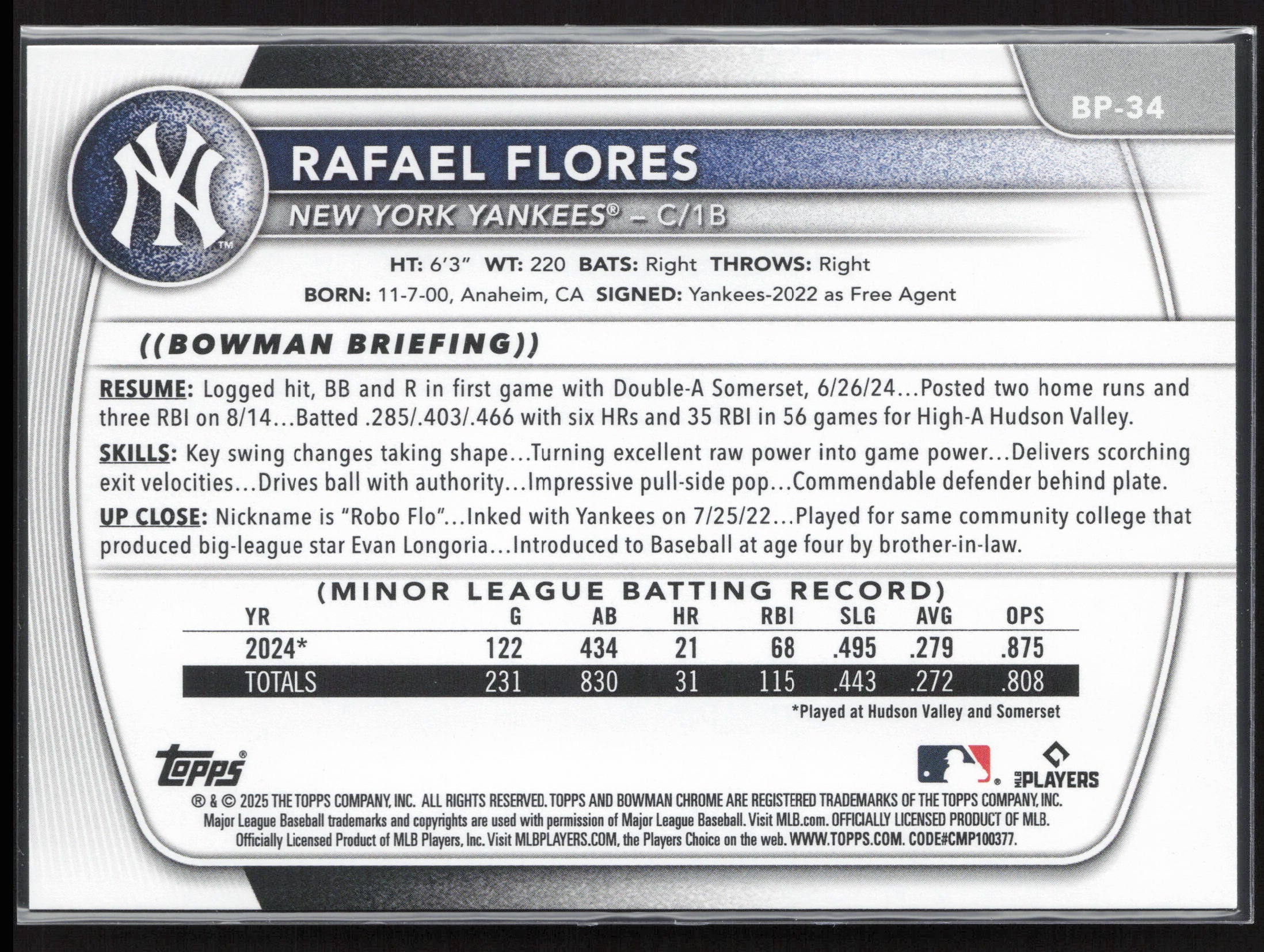 2025 Bowman #BP-34 Rafael Flores Prospects
