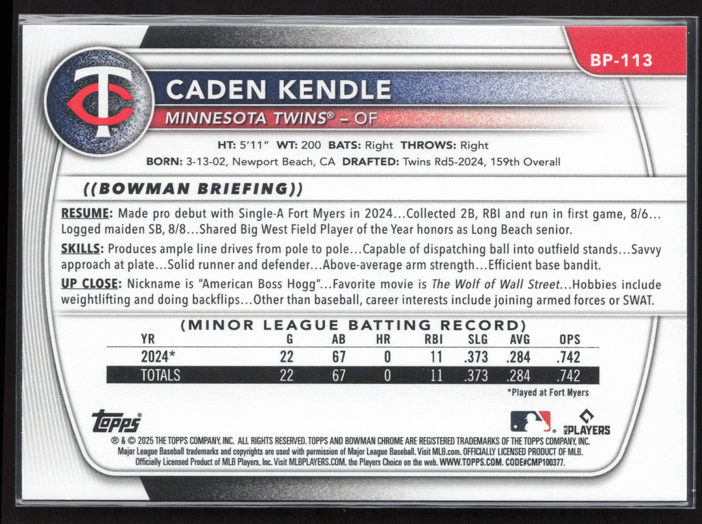 2025 Bowman #BP-113 Caden Kendle Prospects