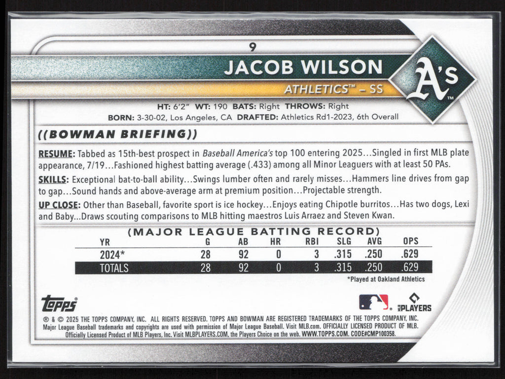 2025 Bowman #9 Jacob Wilson