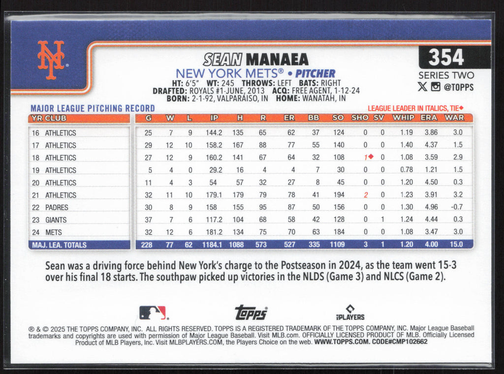 2025 Topps #354 Sean Manaea