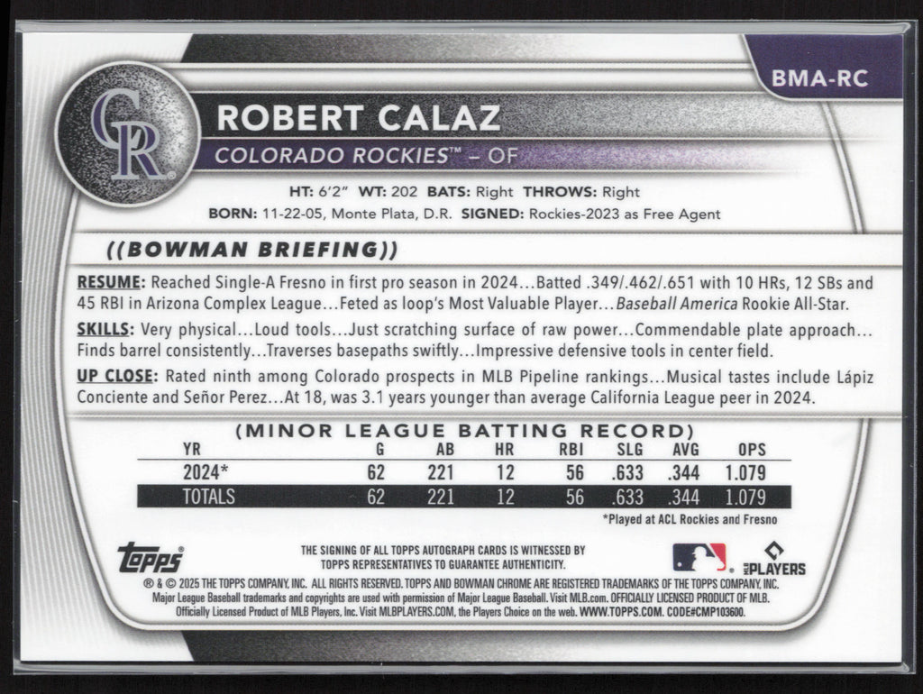 2025 Bowman #BMA-RC Robert Calaz Chrome Prospects Autographs Mojo Blue #/150