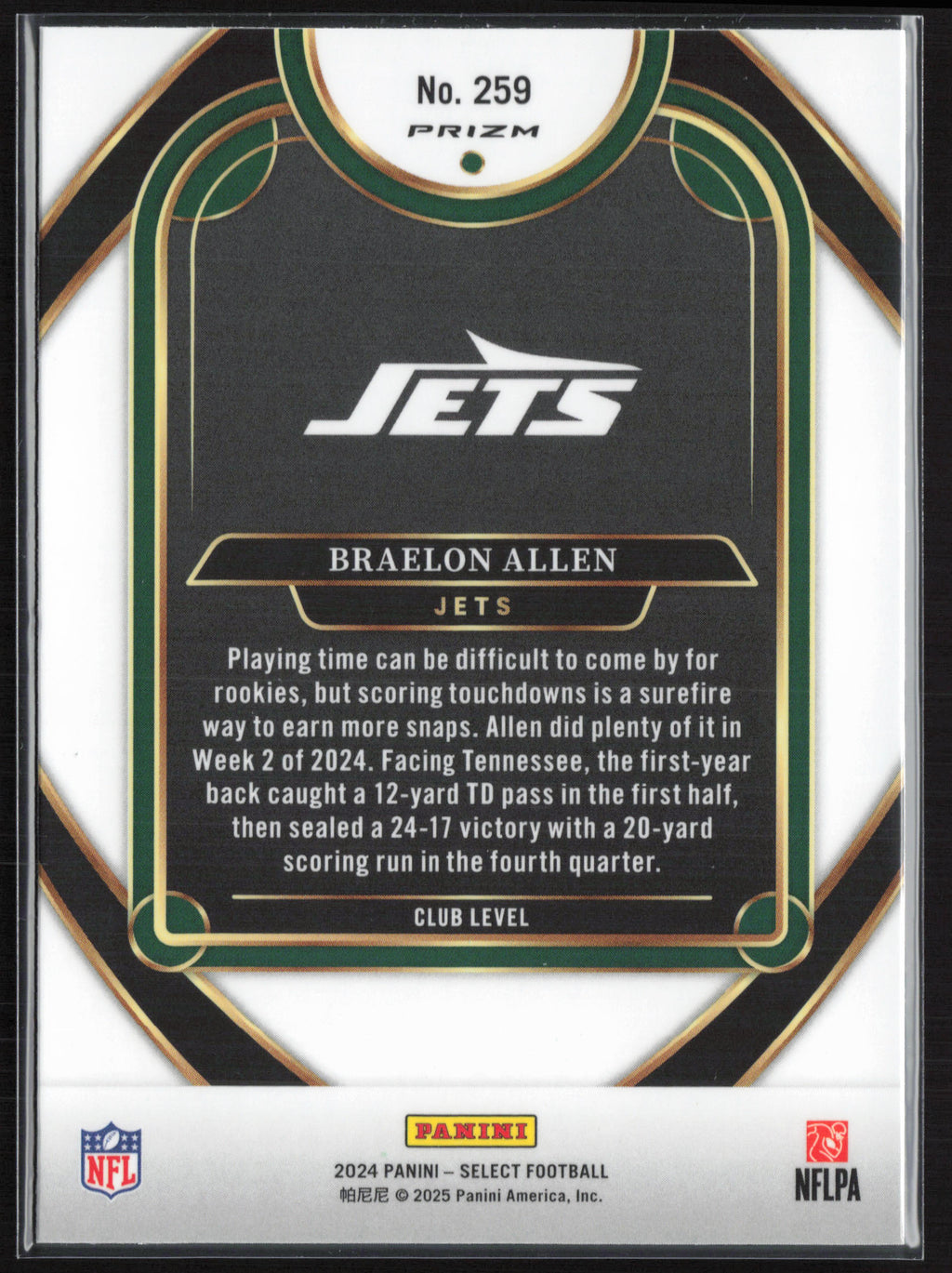 2024 Panini Select #259 Braelon Allen Black & Green Prizm Shock