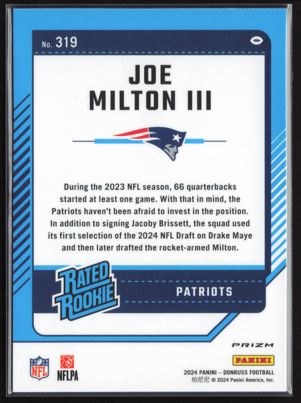 2024 Donruss #319 Joe Milton III Optic Rated Rookies Preview Pink