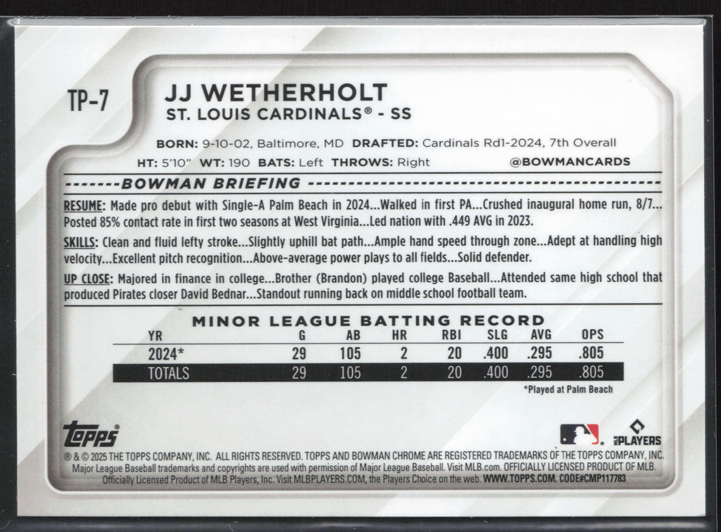 2025 Topps Chrome National #TP-7 JJ Wetherholt Bowman Chrome Prospects