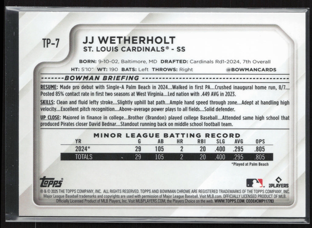 2025 Topps Chrome National Sports #TP-7 JJ Wetherholt Bowman Chrome Prospects