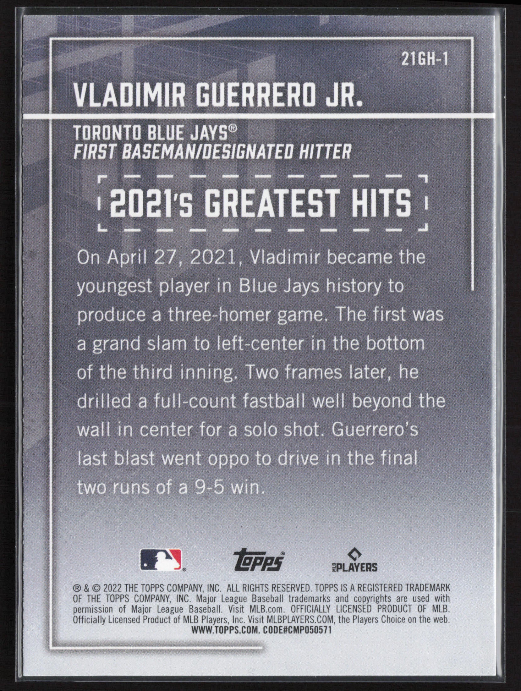 2022 Topps #21GH-1 Vladimir Guerrero Jr. 2021's Greatest Hits