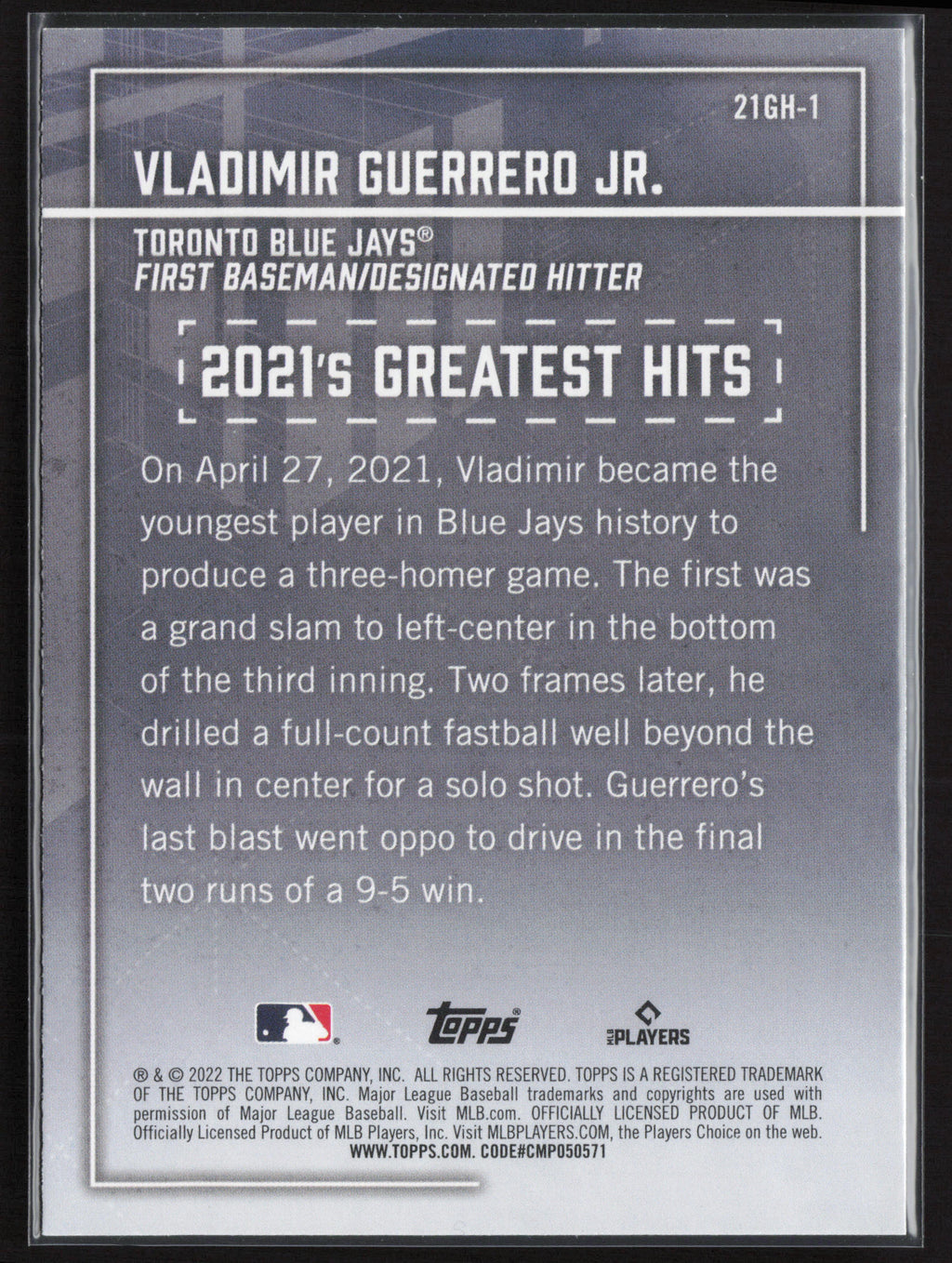 2022 Topps #21GH-1 Vladimir Guerrero Jr. 2021's Greatest Hits