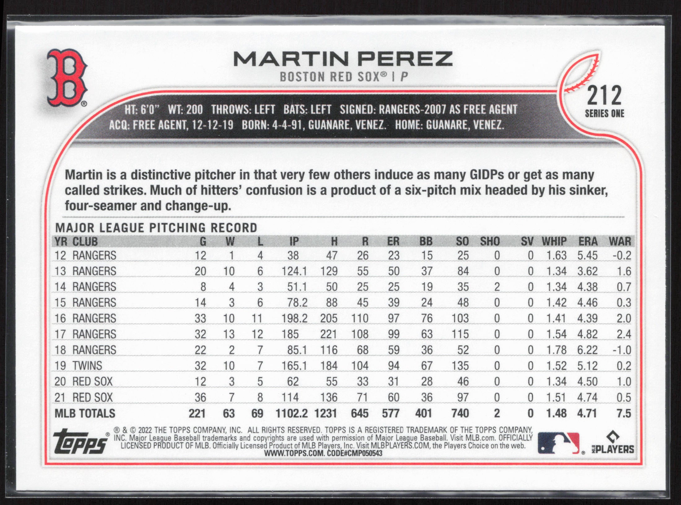 2022 Topps #212 Martin Perez