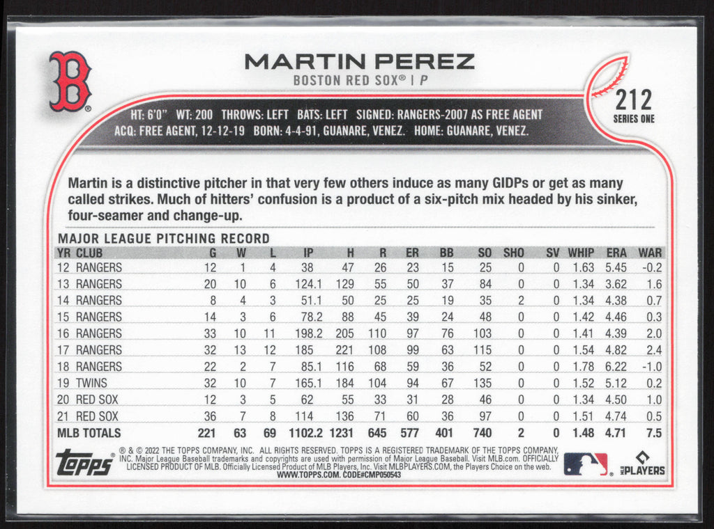 2022 Topps #212 Martin Perez