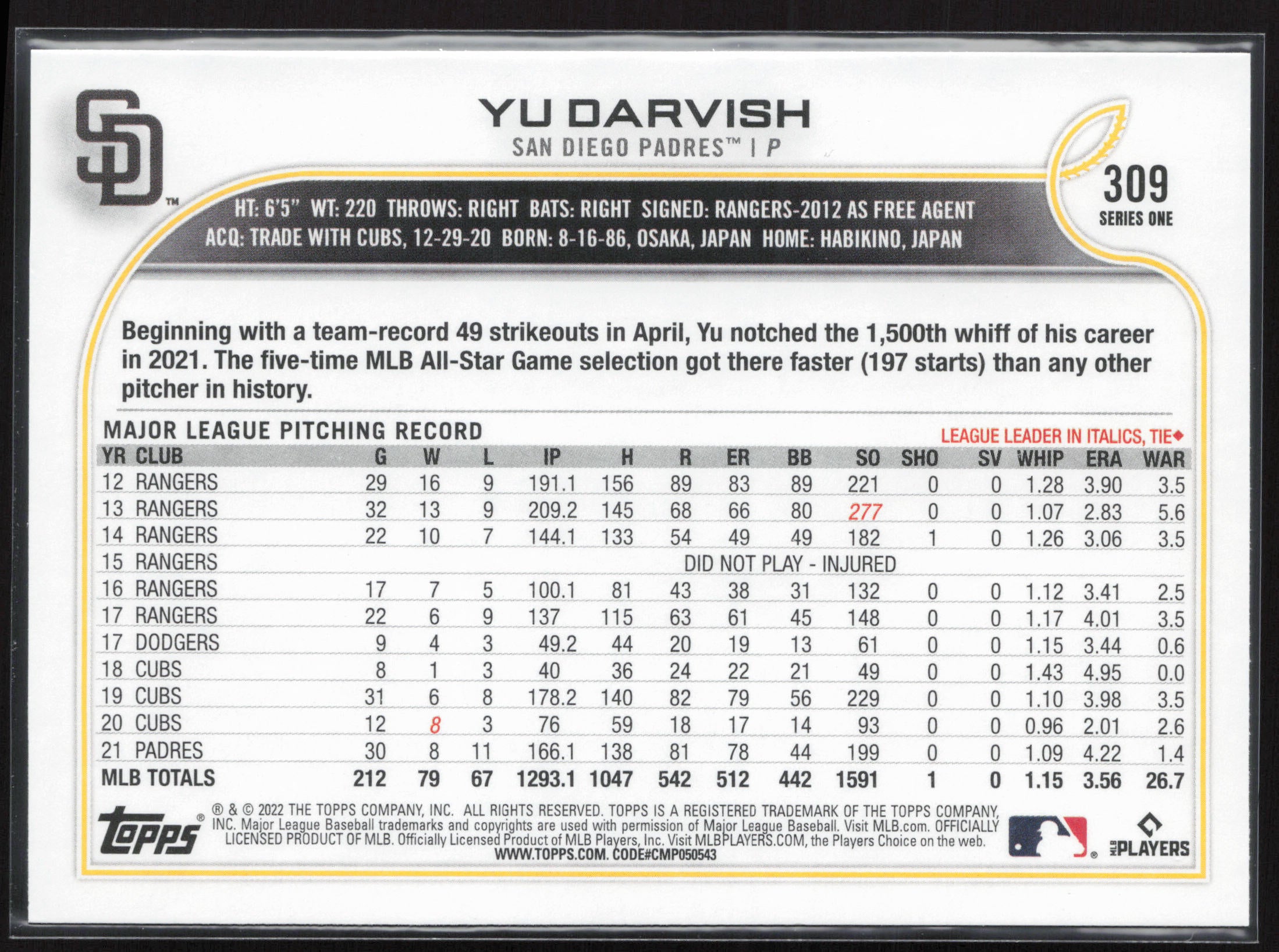 2022 Topps #309 Yu Darvish