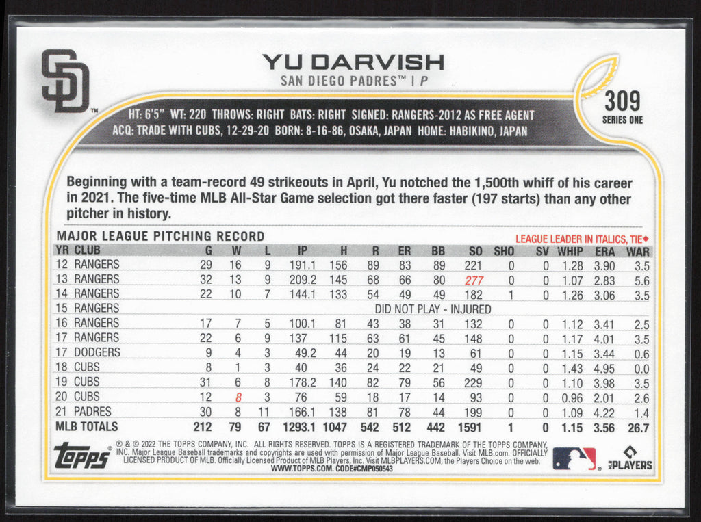 2022 Topps #309 Yu Darvish