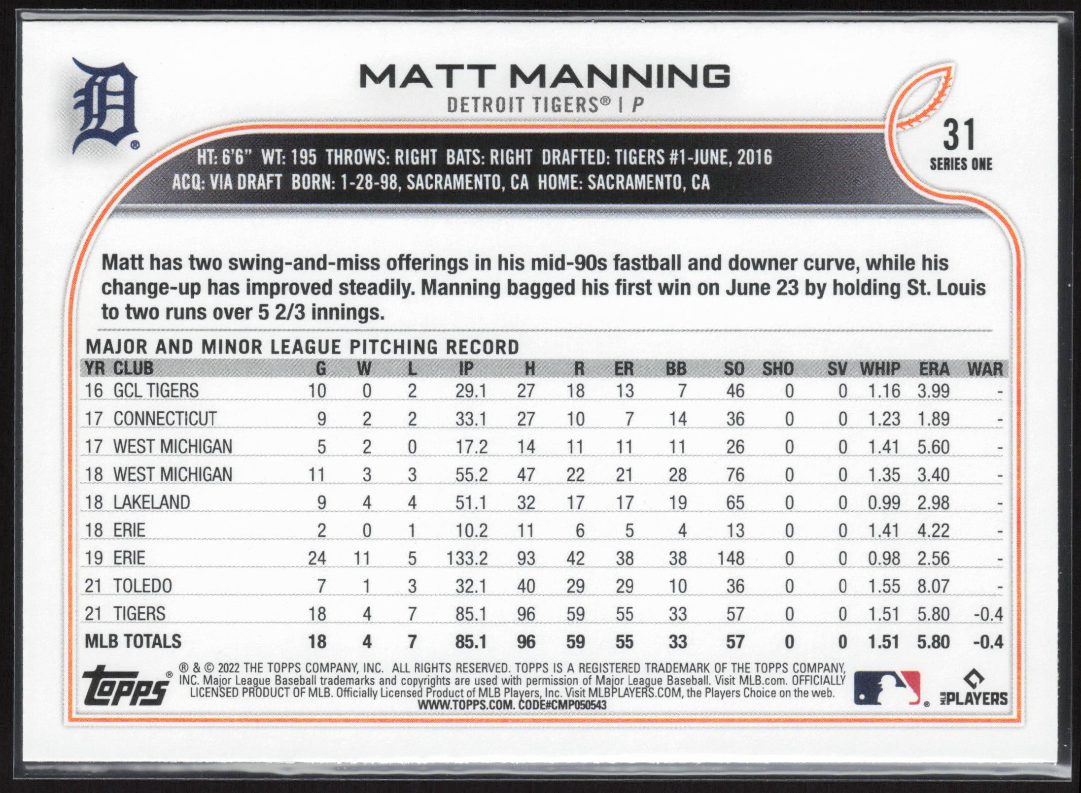 2022 Topps #31 Matt Manning