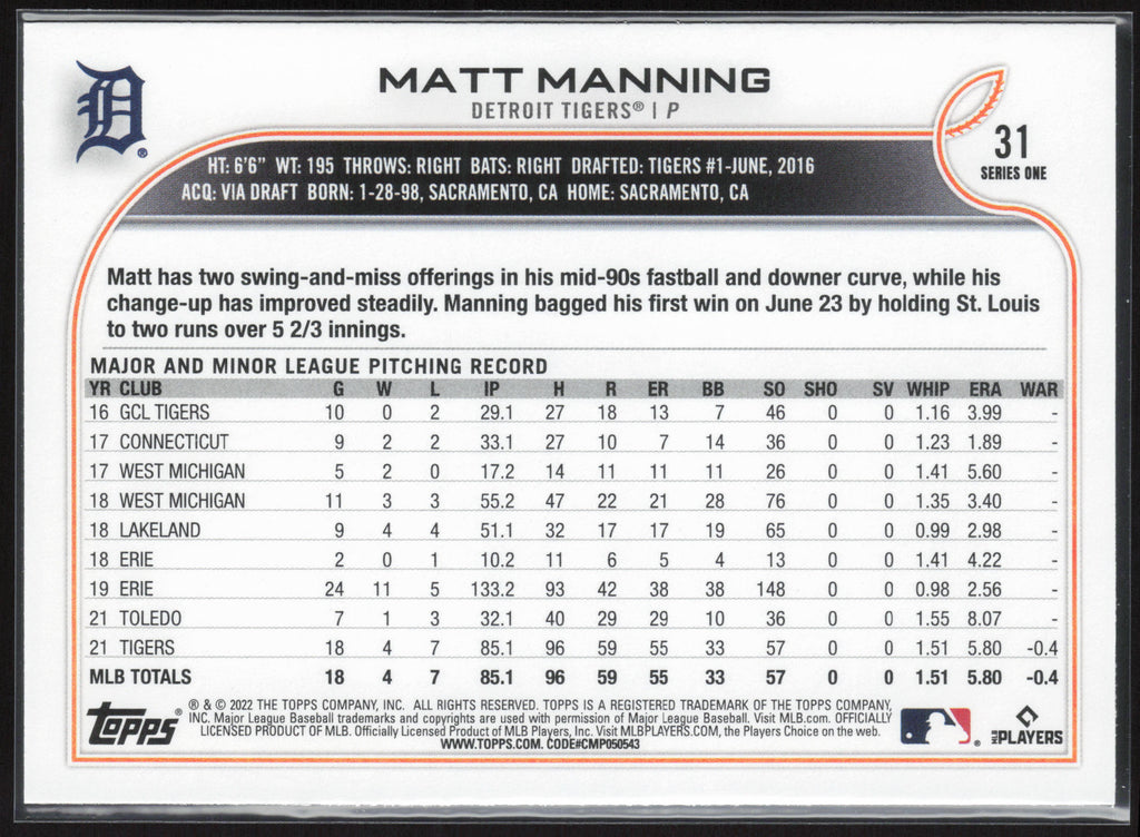 2022 Topps #31 Matt Manning