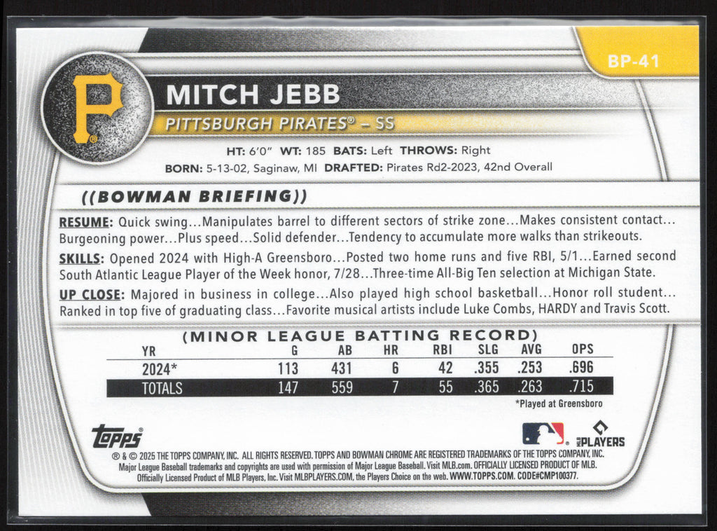 2025 Bowman #BP-41 Mitch Jebb Prospects