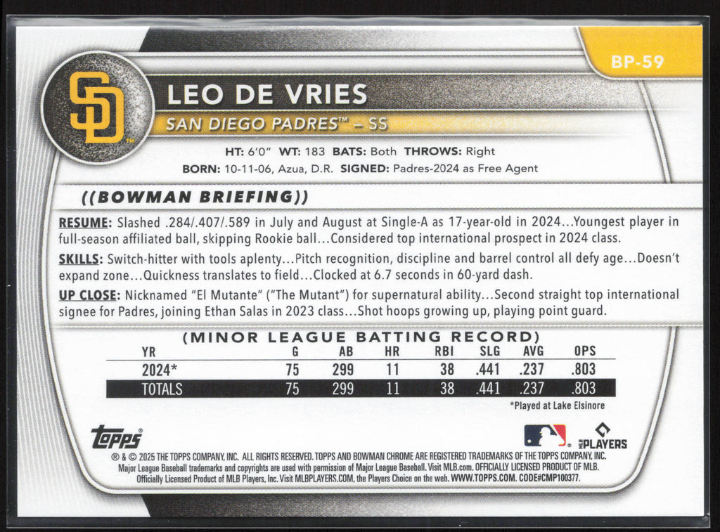 2025 Bowman #BP-59 Leo De Vries Prospects
