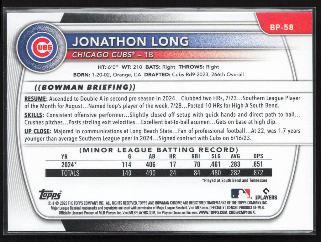 2025 Bowman #BP-58 Jonathon Long Prospects