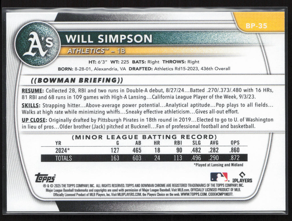 2025 Bowman #BP-35 Will Simpson Prospects