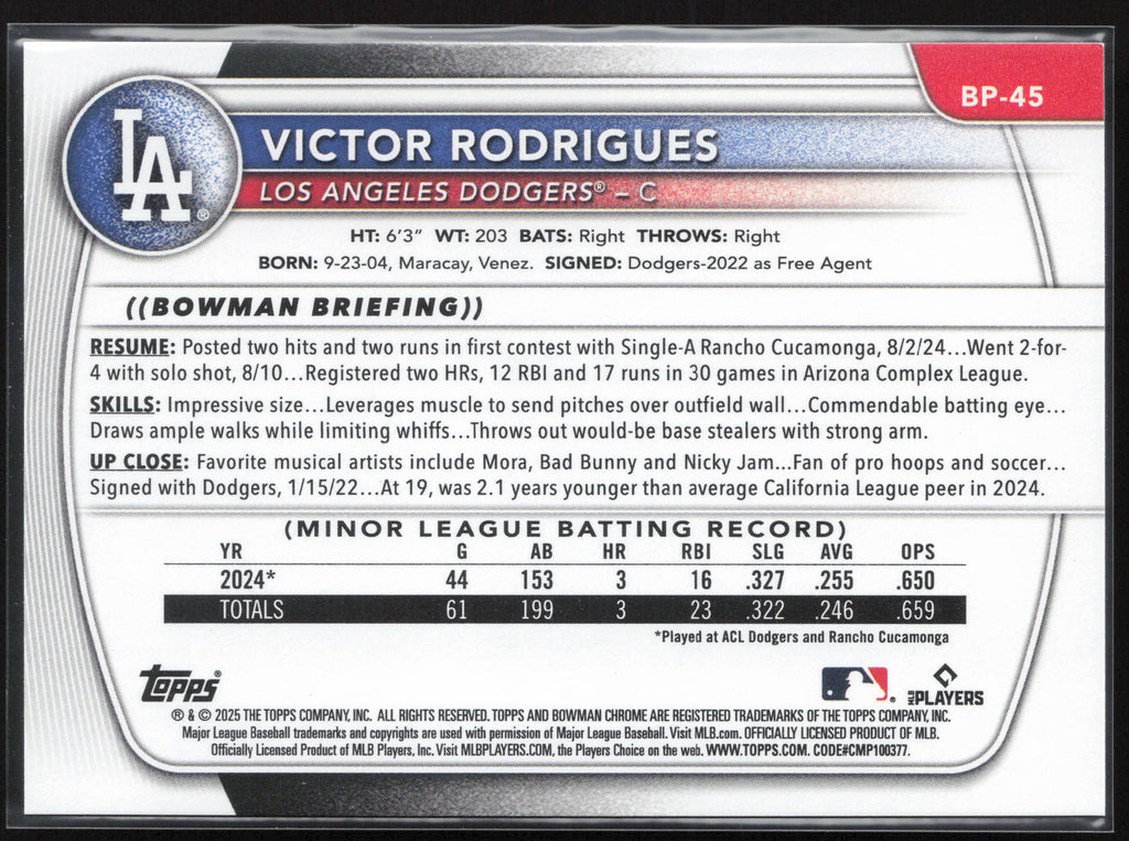 2025 Bowman #BP-45 Victor Rodrigues Prospects