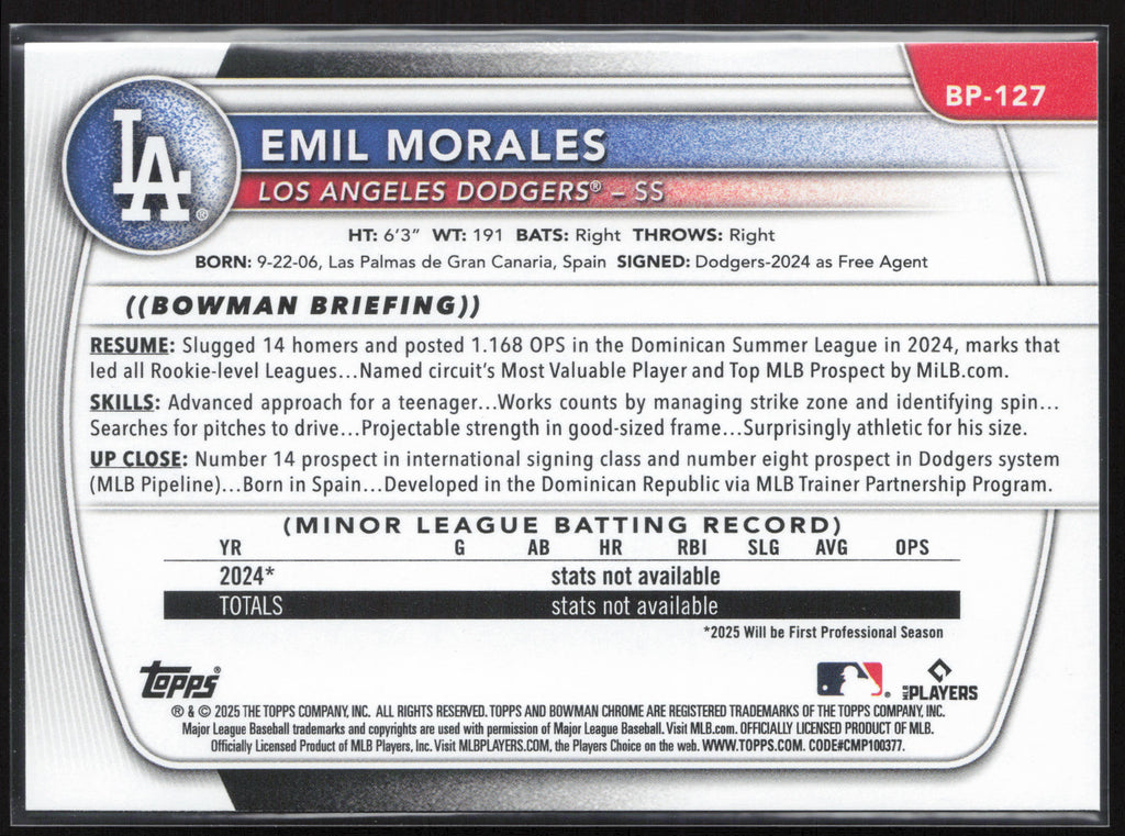 2025 Bowman #BP-127 Emil Morales Prospects
