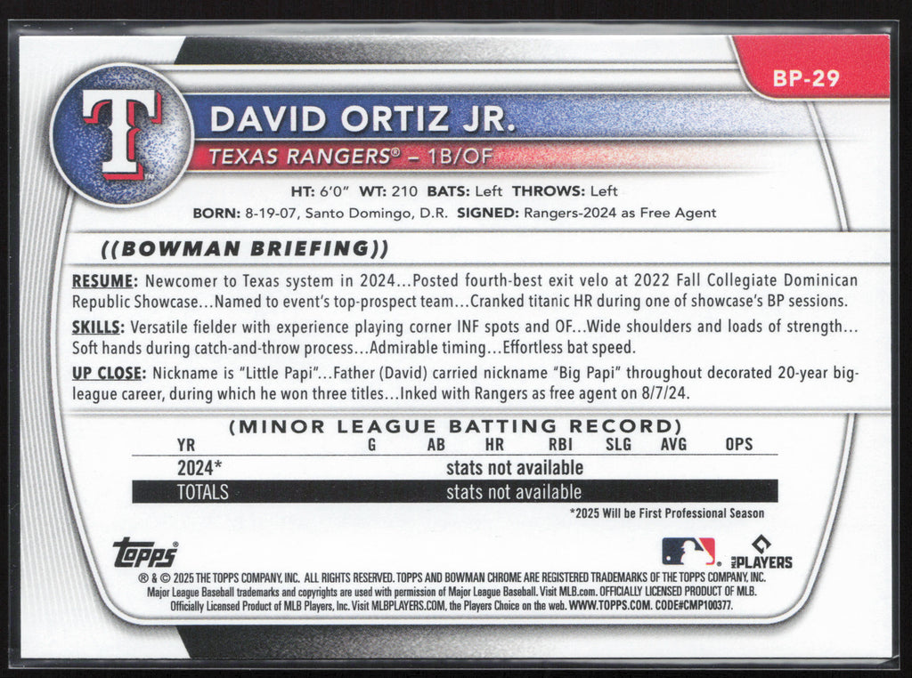 2025 Bowman #BP-29 David Ortiz Jr. Prospects