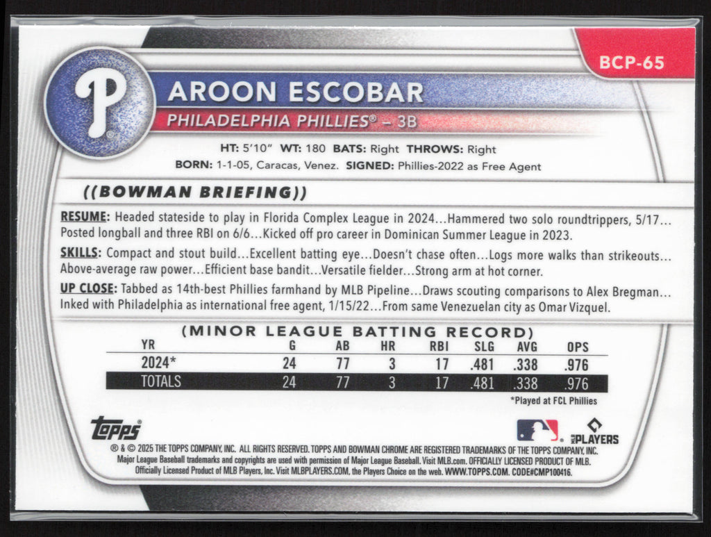 2025 Bowman #BCP-65 Aroon Escobar Chrome Prospects