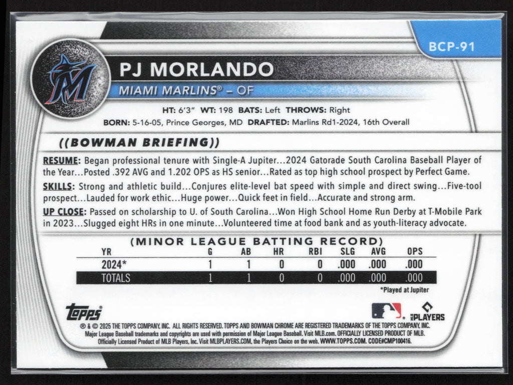 2025 Bowman #BCP-91 PJ Morlando Chrome Prospects