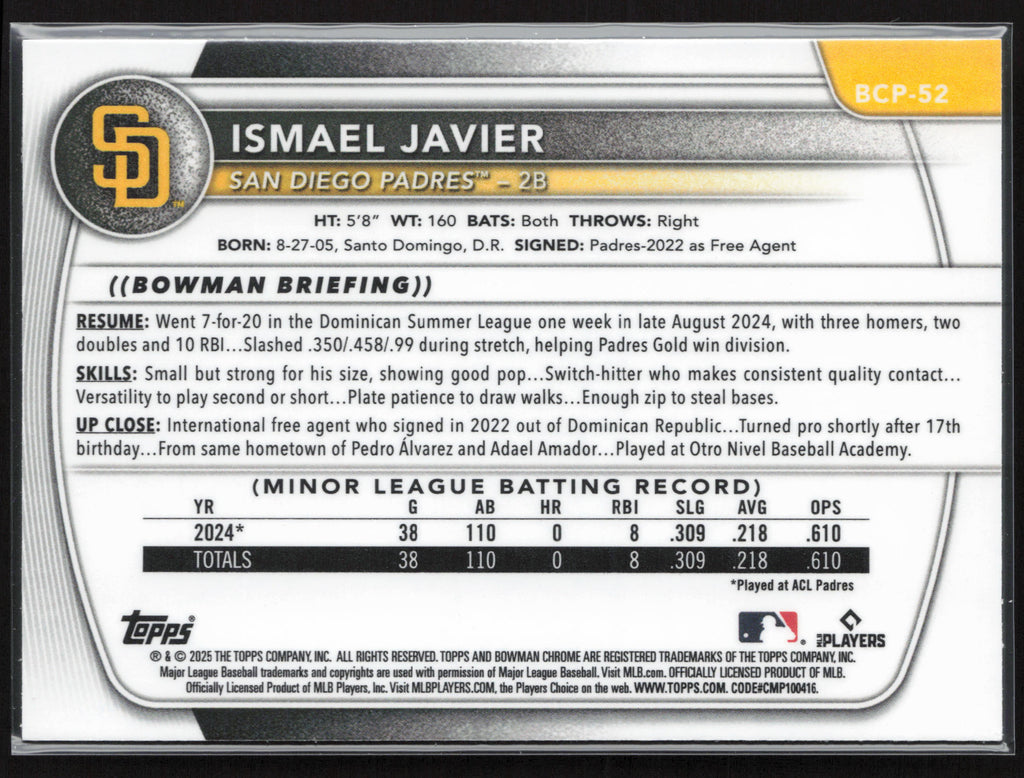 2025 Bowman #BCP-52 Ismael Javier Chrome Prospects