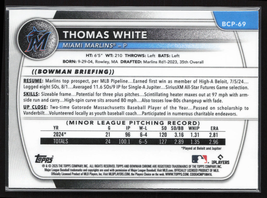2025 Bowman #BCP-69 Thomas White Chrome Prospects