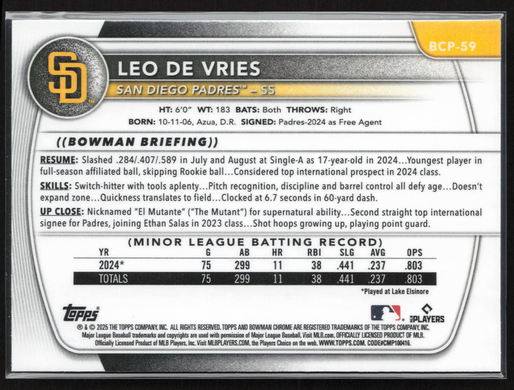 2025 Bowman #BCP-59 Leo De Vries Chrome Prospects