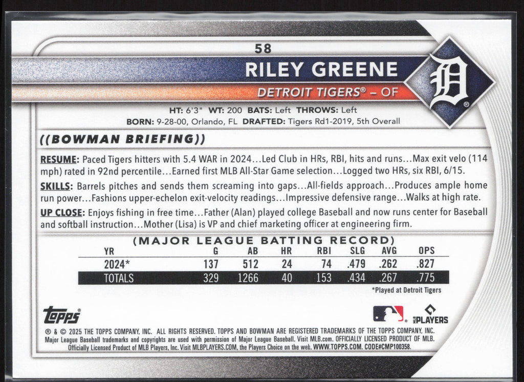 2025 Bowman #58 Riley Greene