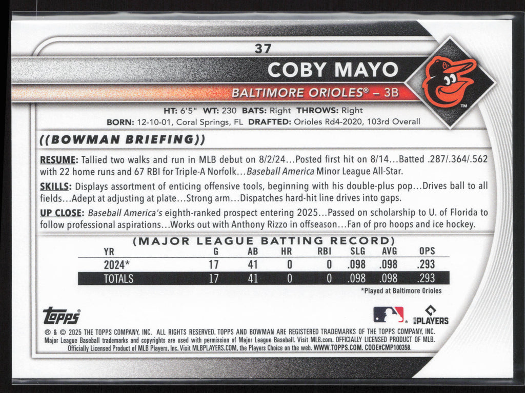 2025 Bowman #37 Coby Mayo