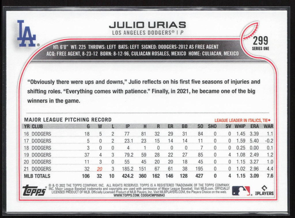 2022 Topps #299 Julio Urias