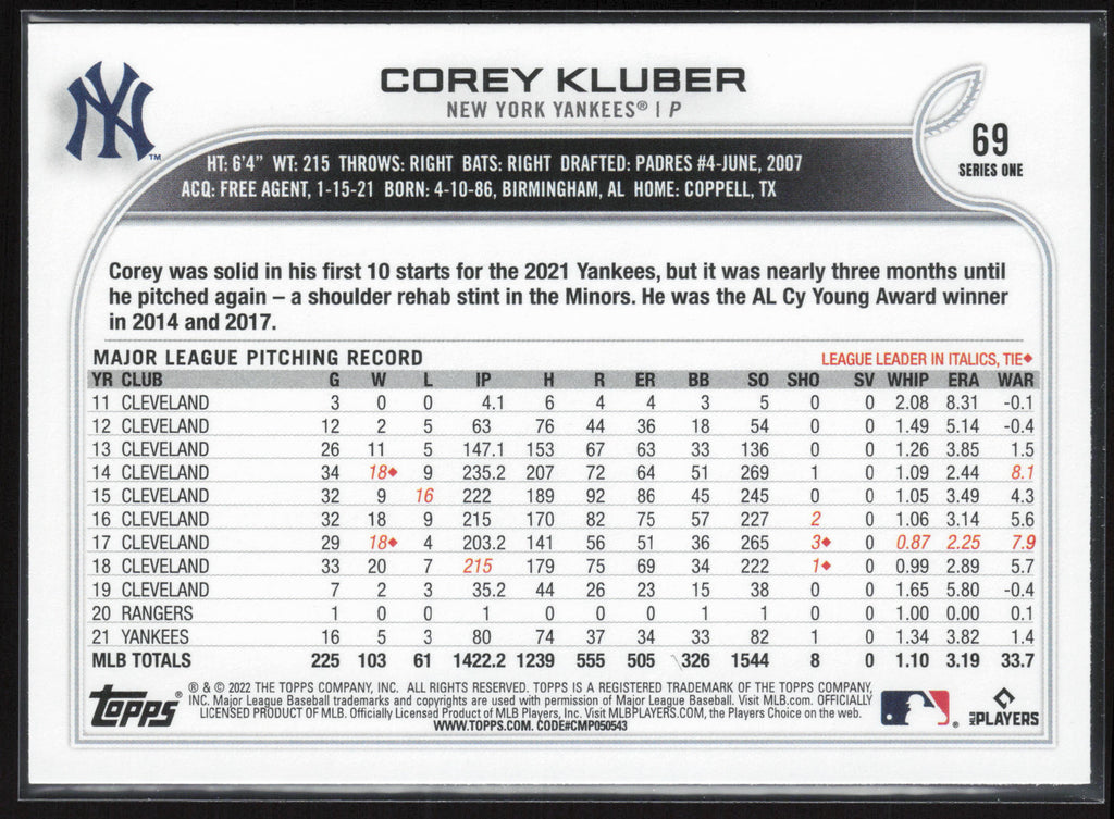 2022 Topps #69 Corey Kluber