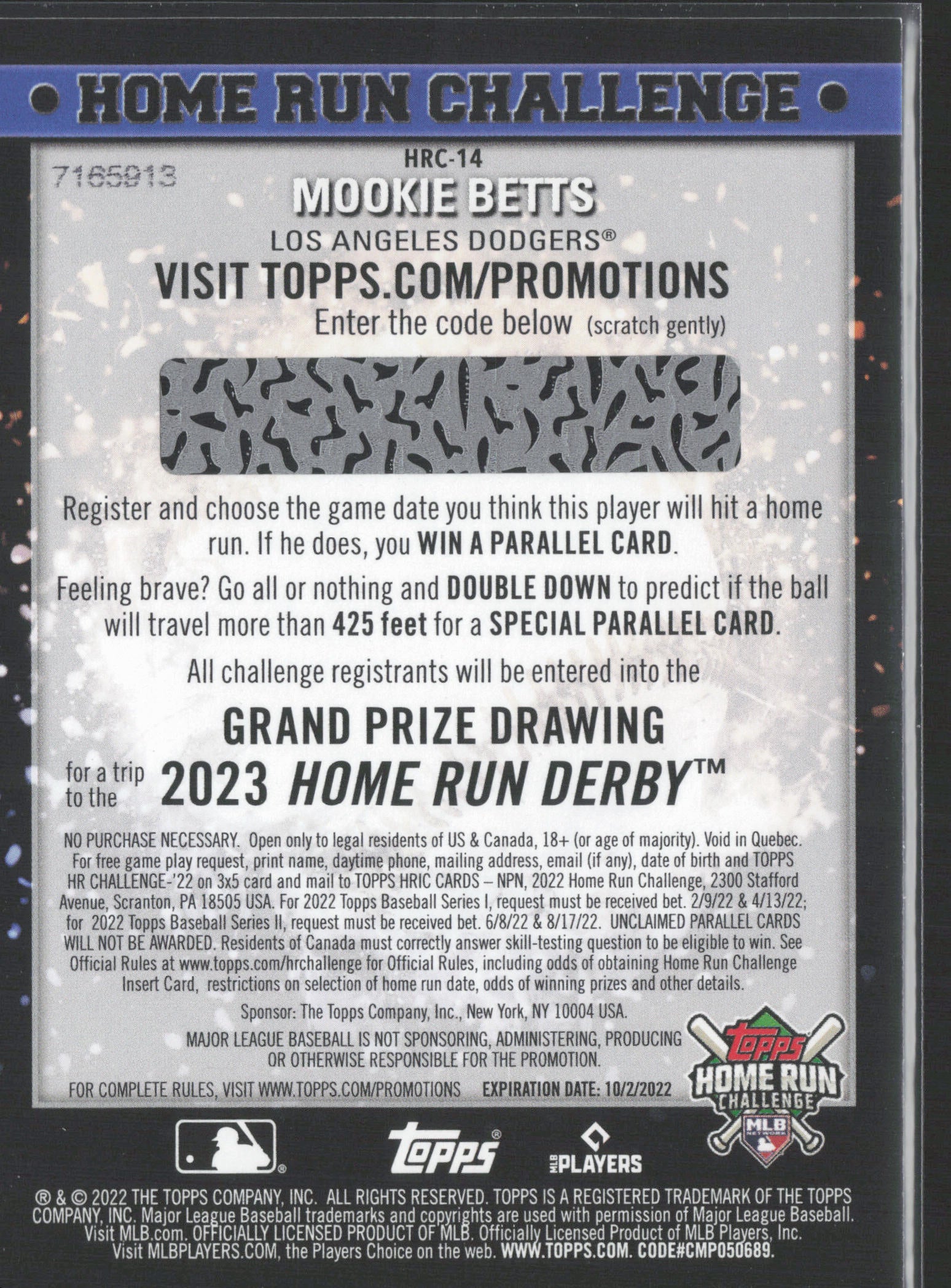 2022 Topps #HRC-14 Mookie Betts Home Run Challenge Code Cards (Series One)