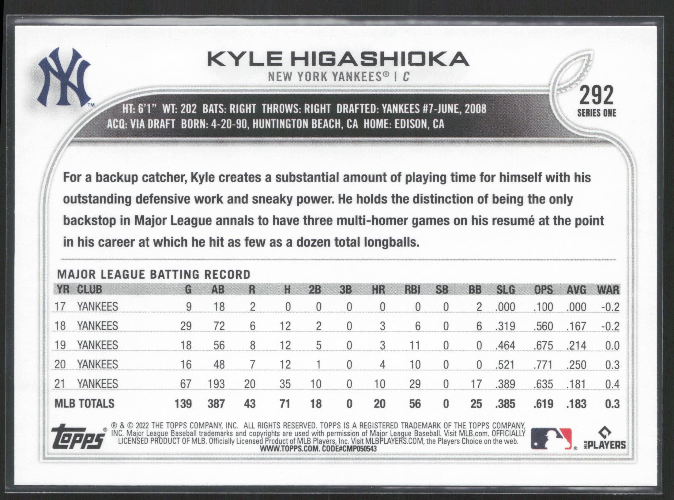 2022 Topps #292 Kyle Higashioka