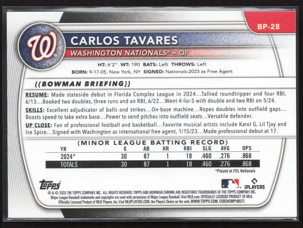 2025 Bowman #BP-28 Carlos Tavares Prospects