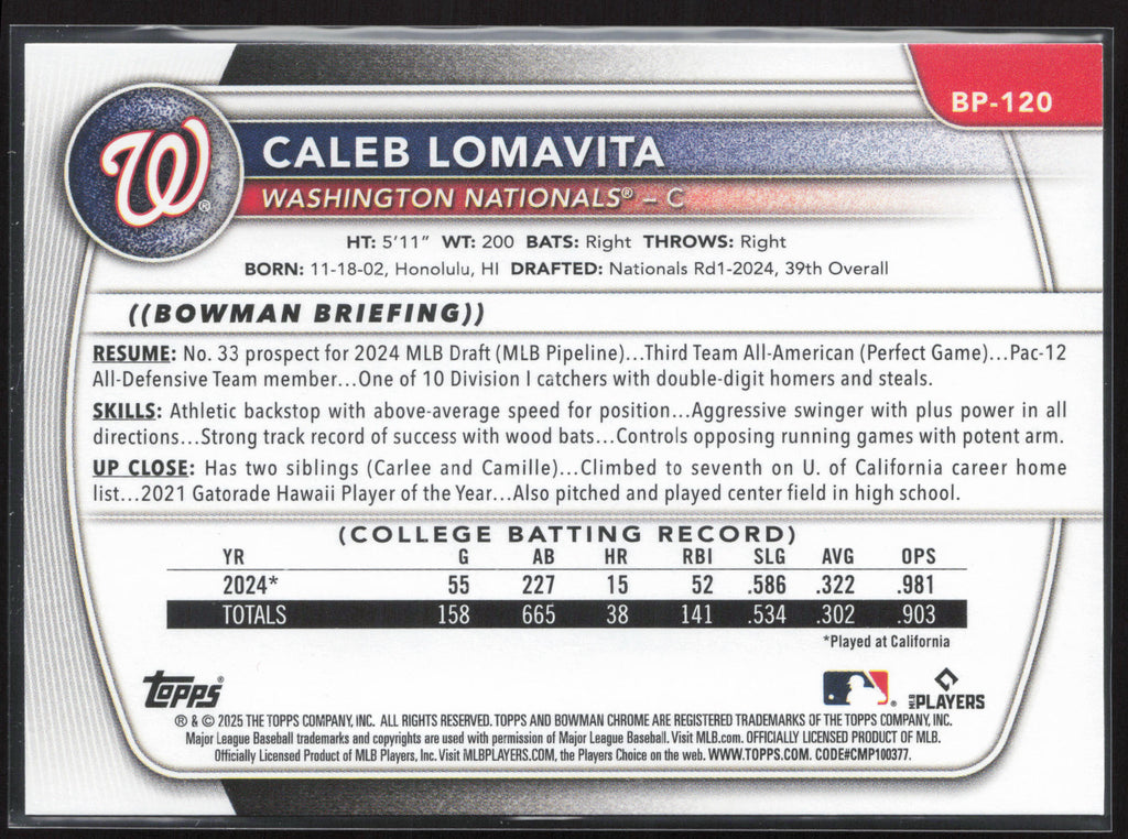 2025 Bowman #BP-120 Caleb Lomavita Prospects