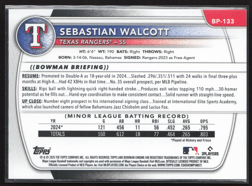 2025 Bowman #BP-133 Sebastian Walcott Prospects