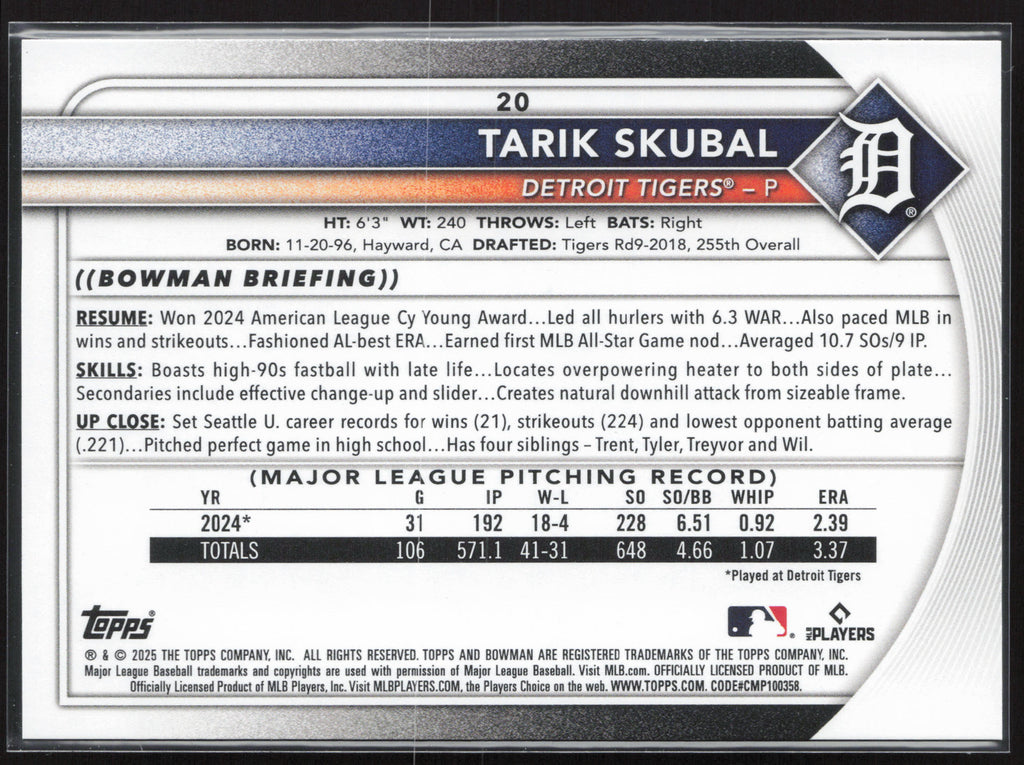 2025 Bowman #20 Tarik Skubal