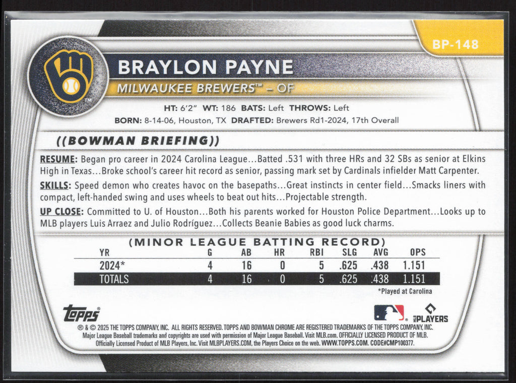2025 Bowman #BP-148 Braylon Payne Prospects