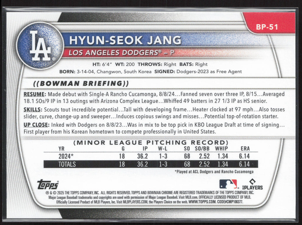 2025 Bowman #BP-51 Hyun-Seok Jang Prospects