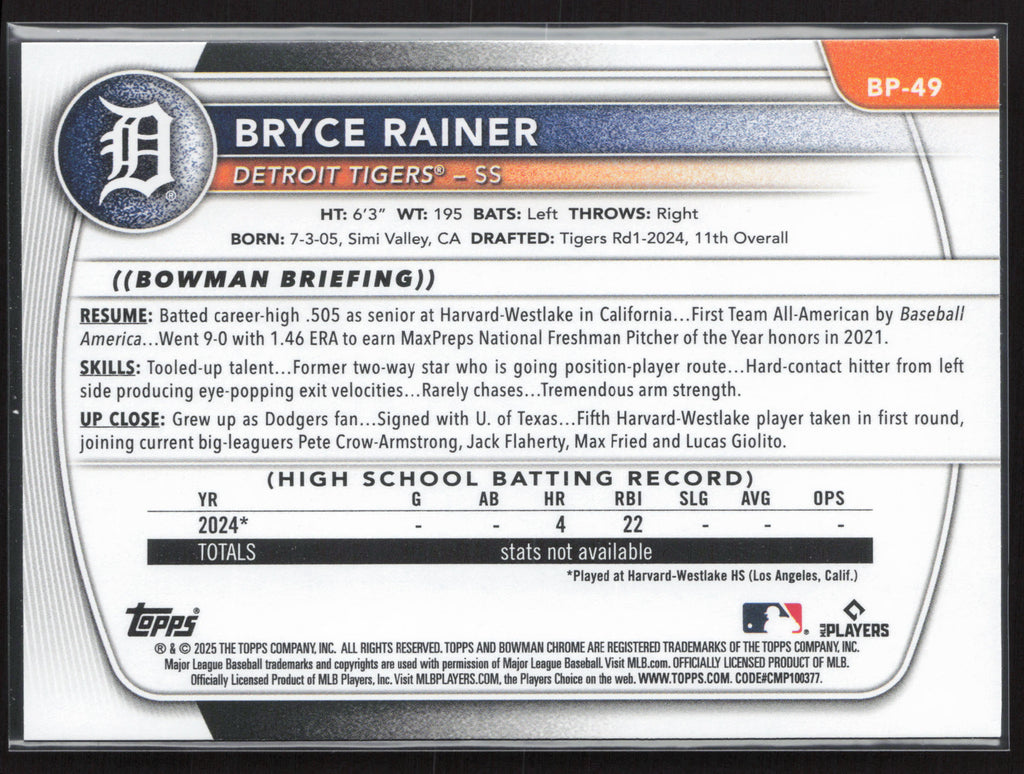 2025 Bowman #BP-49 Bryce Rainer Prospects